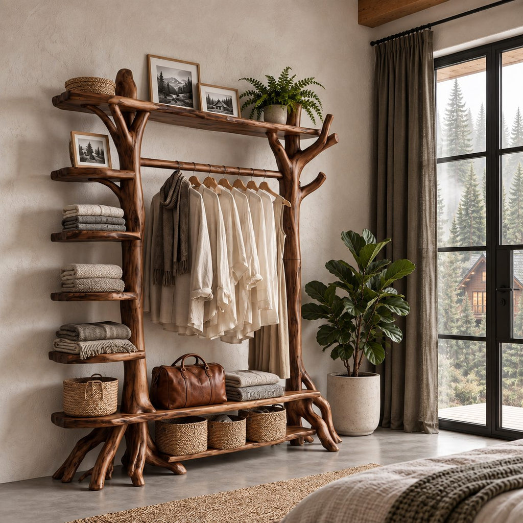Branch Post Garment Rack with Side Shelf Column, Open Solid Wood Wardrobe Organizer, 65 x 88 Inch
