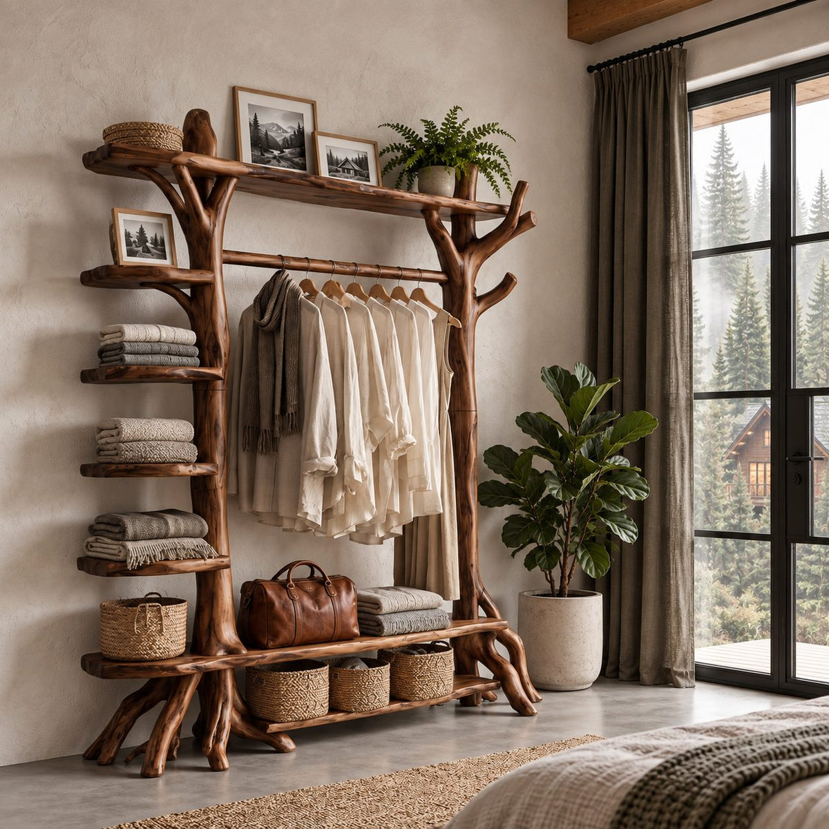 Branch Post Garment Rack with Side Shelf Column, Open Solid Wood Wardrobe Organizer, 65 x 88 Inch