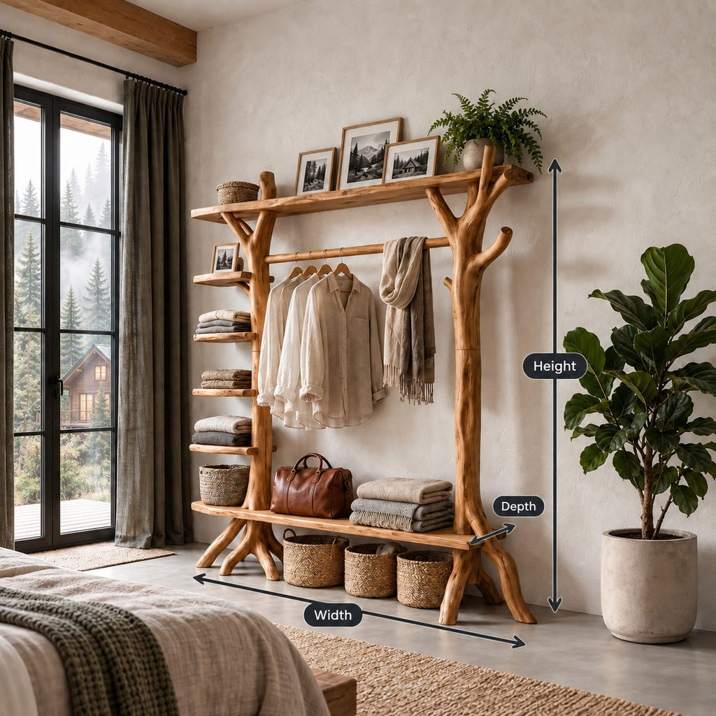 Branch Post Garment Rack with Side Shelf Column, Open Solid Wood Wardrobe Organizer, 65 x 88 Inch