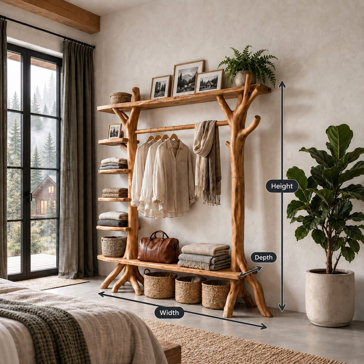 Branch Post Garment Rack with Side Shelf Column, Open Solid Wood Wardrobe Organizer, 65 x 88 Inch