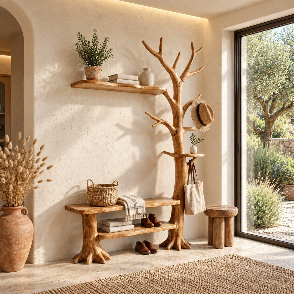 Wall Tree Coat Rack with Live Edge Bench and Floating Shelf, Solid Wood Entryway Hall Tree, 60 x 80 Inch
