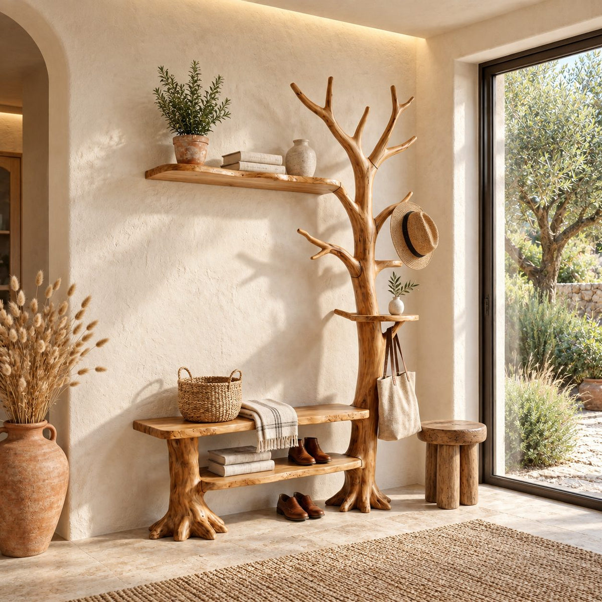 Wall Tree Coat Rack with Live Edge Bench and Floating Shelf, Solid Wood Entryway Hall Tree, 60 x 80 Inch