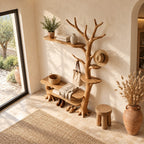 Wall Tree Coat Rack with Live Edge Bench and Floating Shelf, Solid Wood Entryway Hall Tree, 60 x 80 Inch