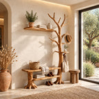 Wall Tree Coat Rack with Live Edge Bench and Floating Shelf, Solid Wood Entryway Hall Tree, 60 x 80 Inch