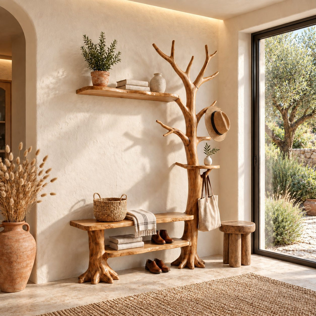 Wall Tree Coat Rack with Live Edge Bench and Floating Shelf, Solid Wood Entryway Hall Tree, 60 x 80 Inch