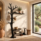 Wall Tree Coat Rack with Live Edge Bench and Floating Shelf, Solid Wood Entryway Hall Tree, 60 x 80 Inch