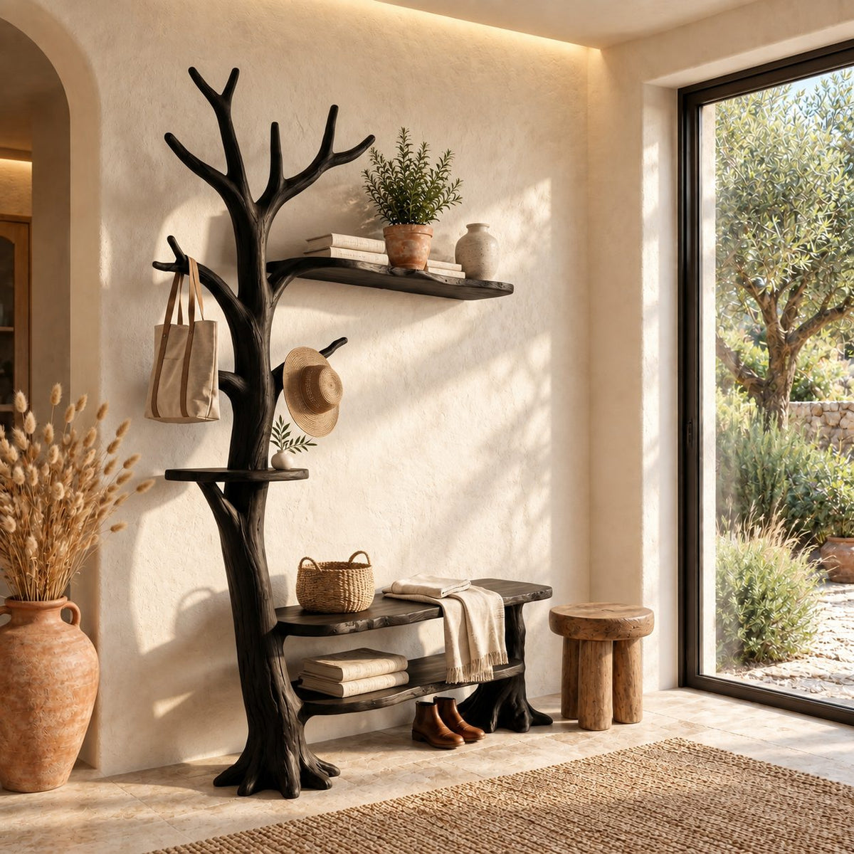 Wall Tree Coat Rack with Live Edge Bench and Floating Shelf, Solid Wood Entryway Hall Tree, 60 x 80 Inch