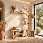 Wall Tree Coat Rack with Live Edge Bench and Floating Shelf, Solid Wood Entryway Hall Tree, 60 x 80 Inch