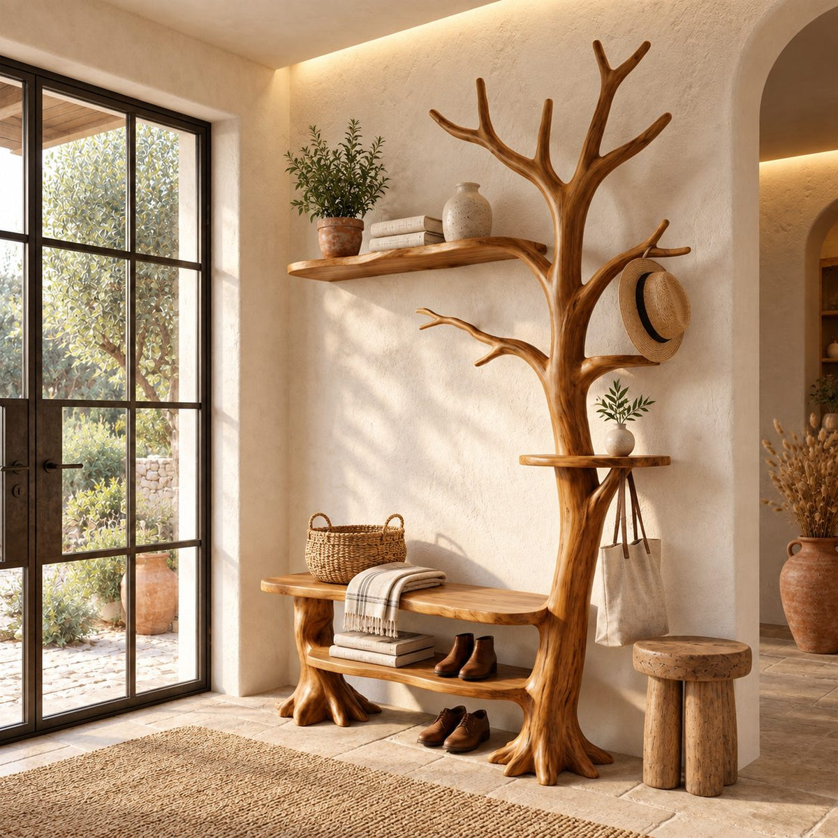 Wall Tree Coat Rack with Live Edge Bench and Floating Shelf, Solid Wood Entryway Hall Tree, 60 x 80 Inch
