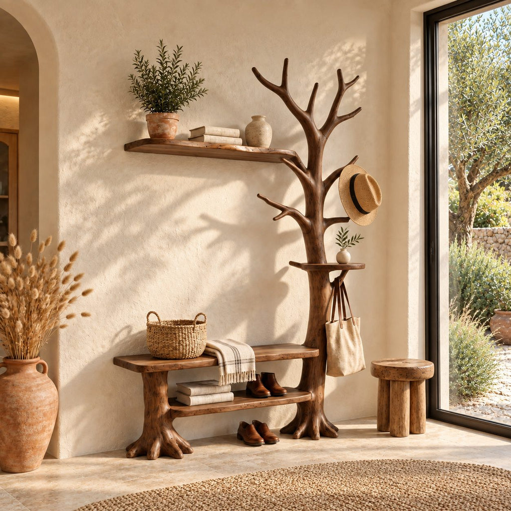 Wall Tree Coat Rack with Live Edge Bench and Floating Shelf, Solid Wood Entryway Hall Tree, 60 x 80 Inch
