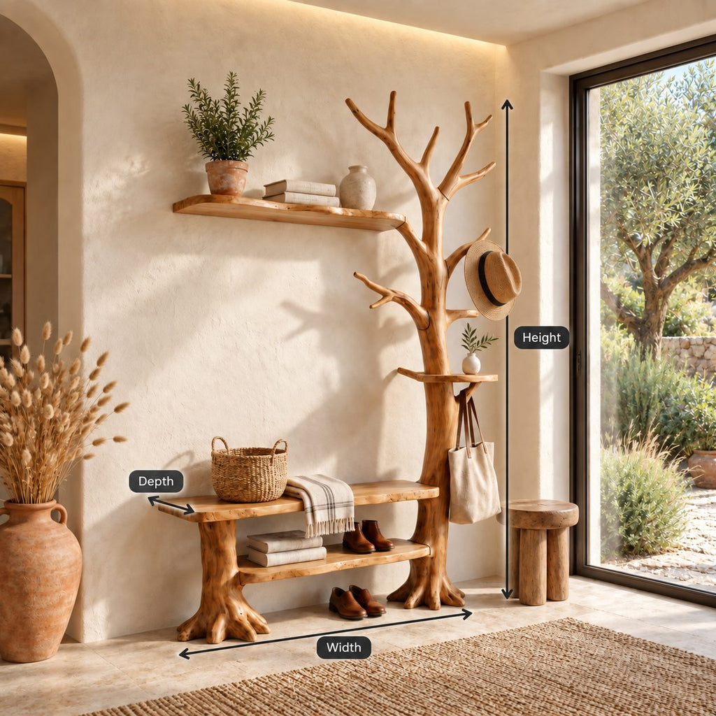 Wall Tree Coat Rack with Live Edge Bench and Floating Shelf, Solid Wood Entryway Hall Tree, 60 x 80 Inch
