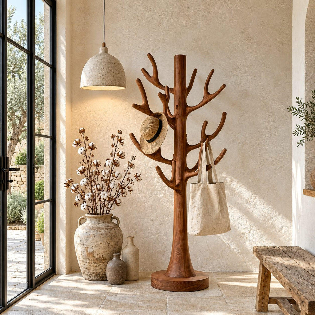 Antler Branch Tree Coat Rack Freestanding, Smooth Solid Wood Coat Stand with Round Base, 60-80 Inch