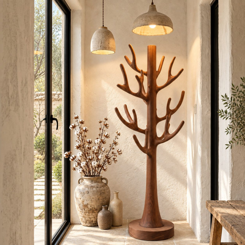 Antler Branch Tree Coat Rack Freestanding, Smooth Solid Wood Coat Stand with Round Base, 60-80 Inch