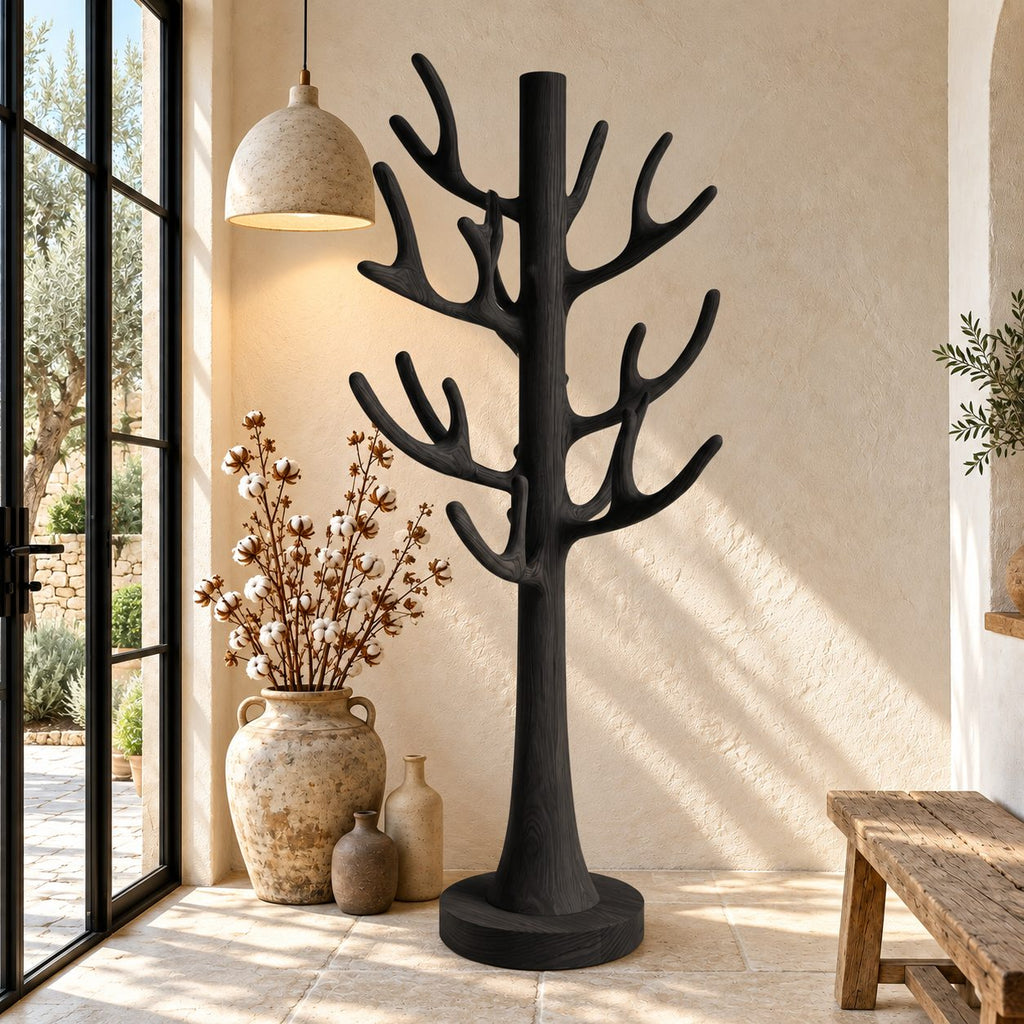 Antler Branch Tree Coat Rack Freestanding, Smooth Solid Wood Coat Stand with Round Base, 60-80 Inch