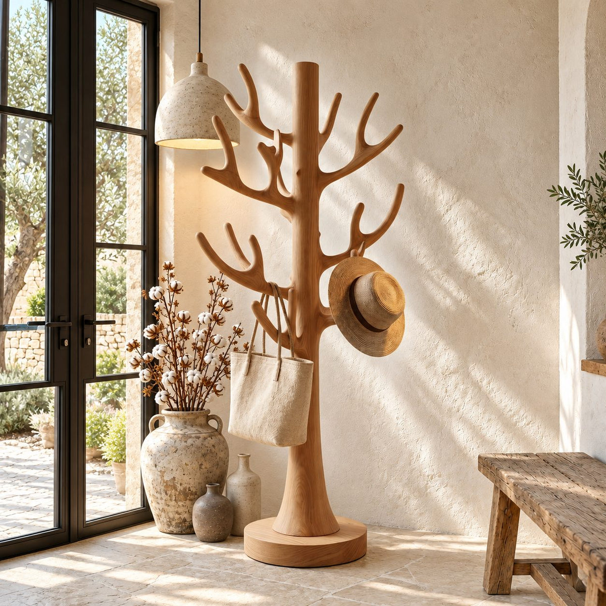Antler Branch Tree Coat Rack Freestanding, Smooth Solid Wood Coat Stand with Round Base, 60-80 Inch