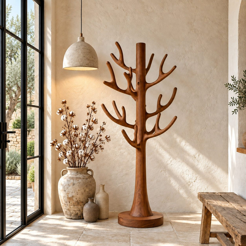 Antler Branch Tree Coat Rack Freestanding, Smooth Solid Wood Coat Stand with Round Base, 60-80 Inch