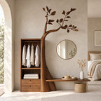 Leafy Tree Hall Tree with Open Wardrobe Cabinet and Bench Ledge, Solid Wood Bedroom Organizer, 91 Inch