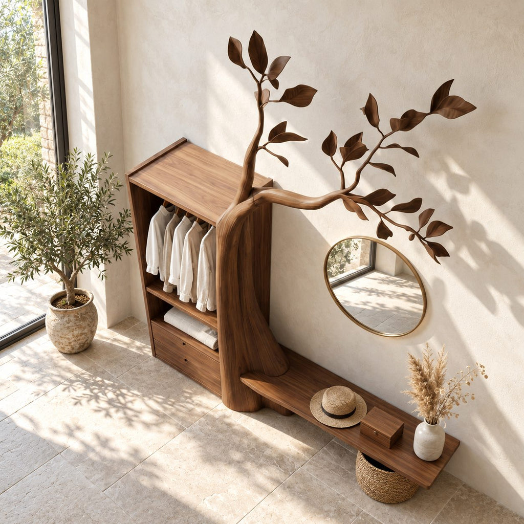 Leafy Tree Hall Tree with Open Wardrobe Cabinet and Bench Ledge, Solid Wood Bedroom Organizer, 91 Inch
