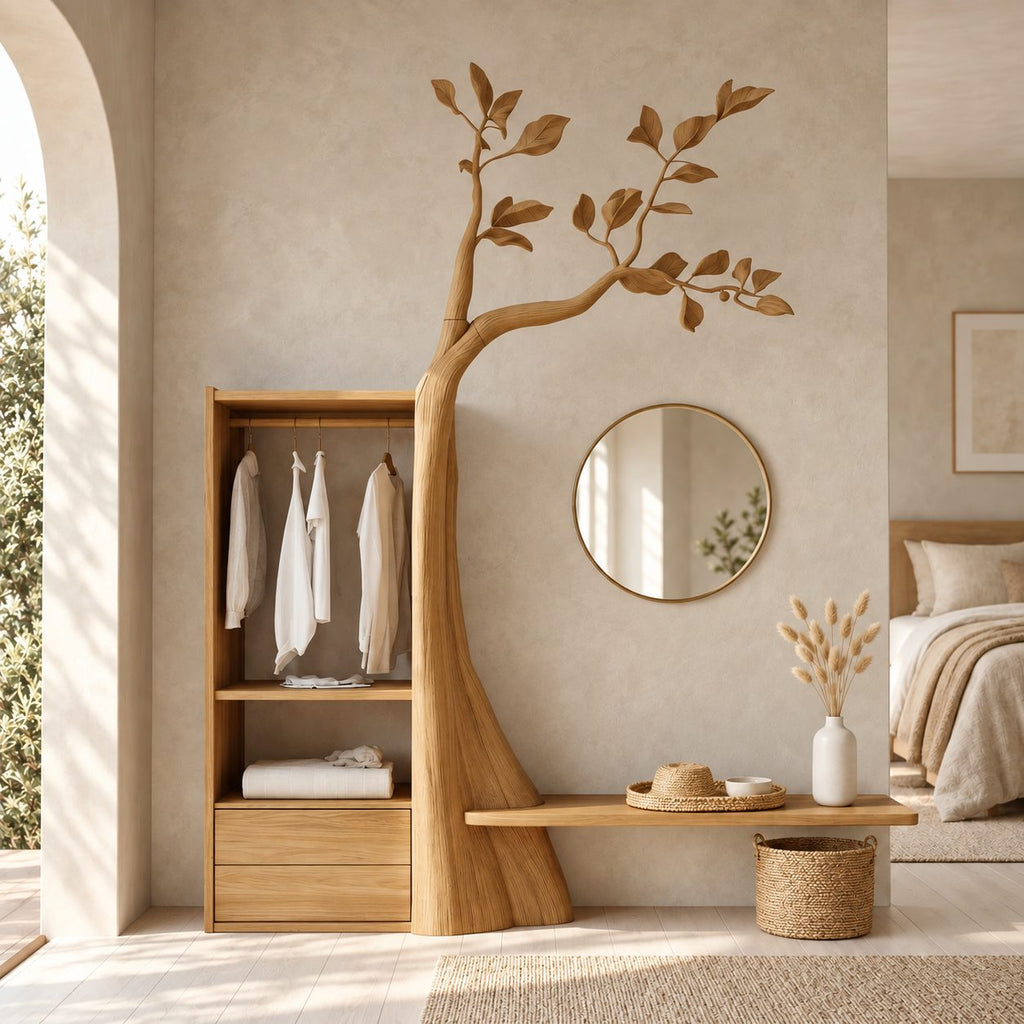Leafy Tree Hall Tree with Open Wardrobe Cabinet and Bench Ledge, Solid Wood Bedroom Organizer, 91 Inch