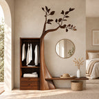 Leafy Tree Hall Tree with Open Wardrobe Cabinet and Bench Ledge, Solid Wood Bedroom Organizer, 91 Inch