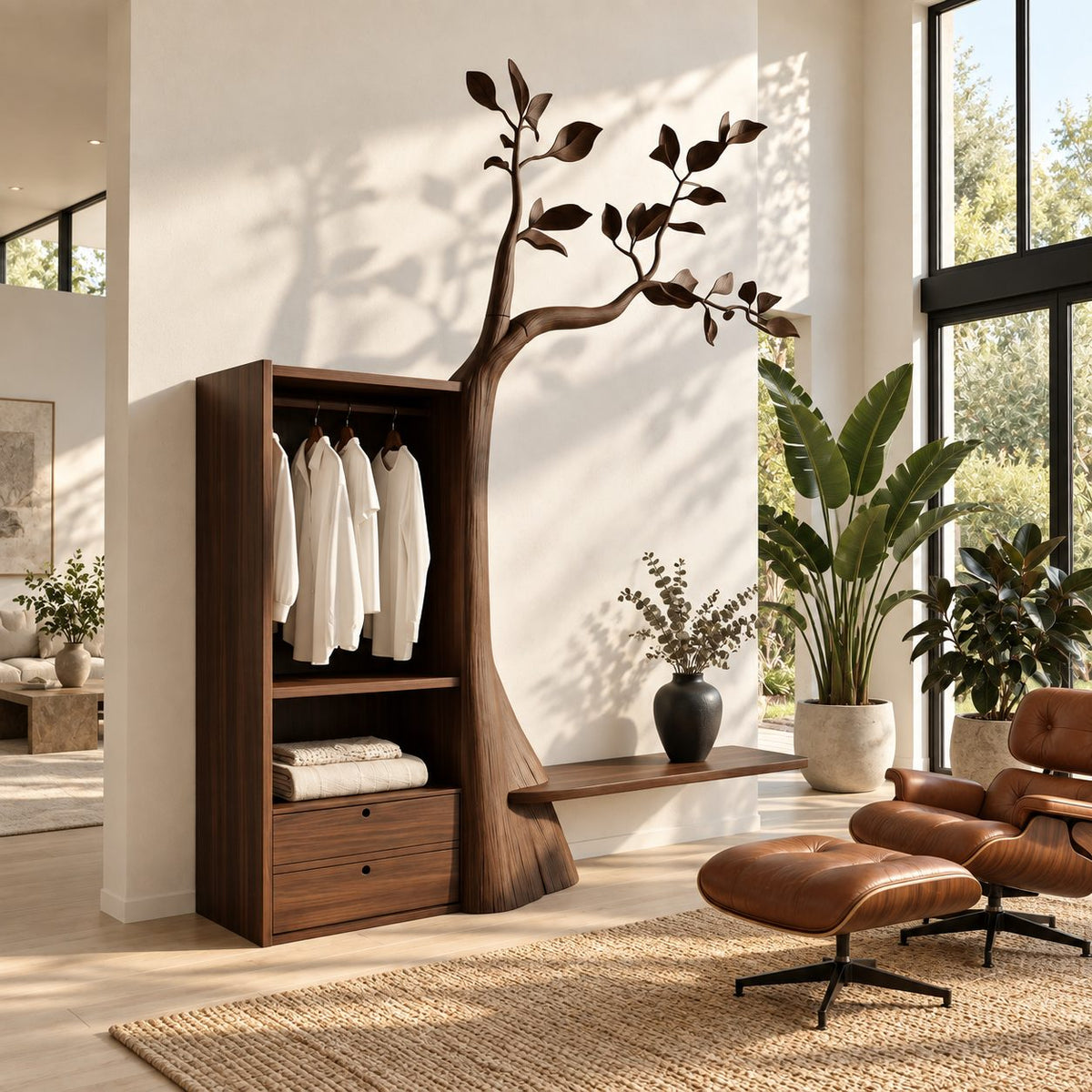 Leafy Tree Hall Tree with Open Wardrobe Cabinet and Bench Ledge, Solid Wood Bedroom Organizer, 91 Inch