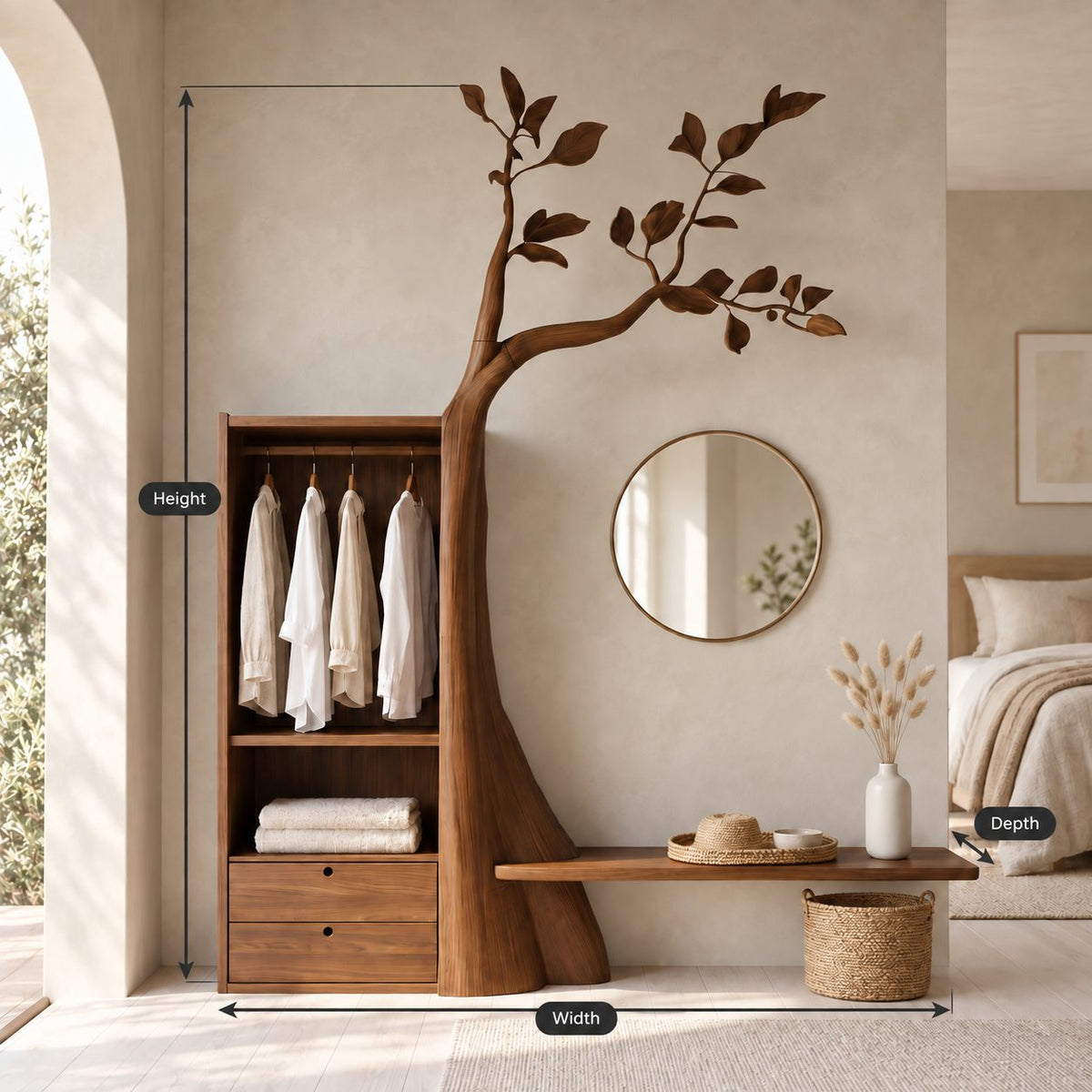 Leafy Tree Hall Tree with Open Wardrobe Cabinet and Bench Ledge, Solid Wood Bedroom Organizer, 91 Inch