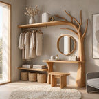 Arched Tree Wardrobe Rack with Dressing Table and Stool, Solid Wood Bedroom Hanging Rail Organizer, 90 Inch