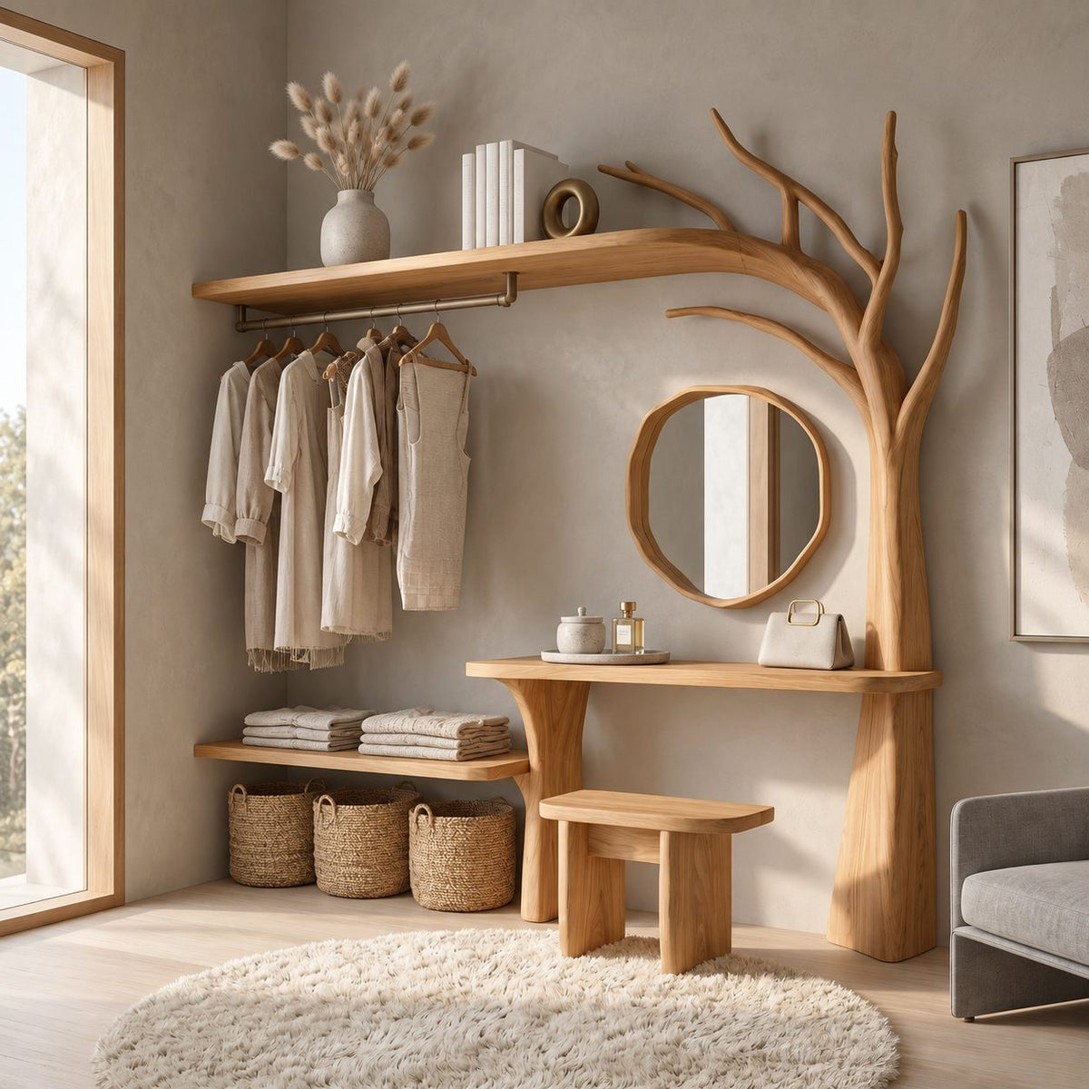 Arched Tree Wardrobe Rack with Dressing Table and Stool, Solid Wood Bedroom Hanging Rail Organizer, 90 Inch