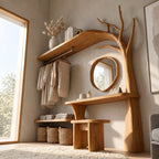 Arched Tree Wardrobe Rack with Dressing Table and Stool, Solid Wood Bedroom Hanging Rail Organizer, 90 Inch