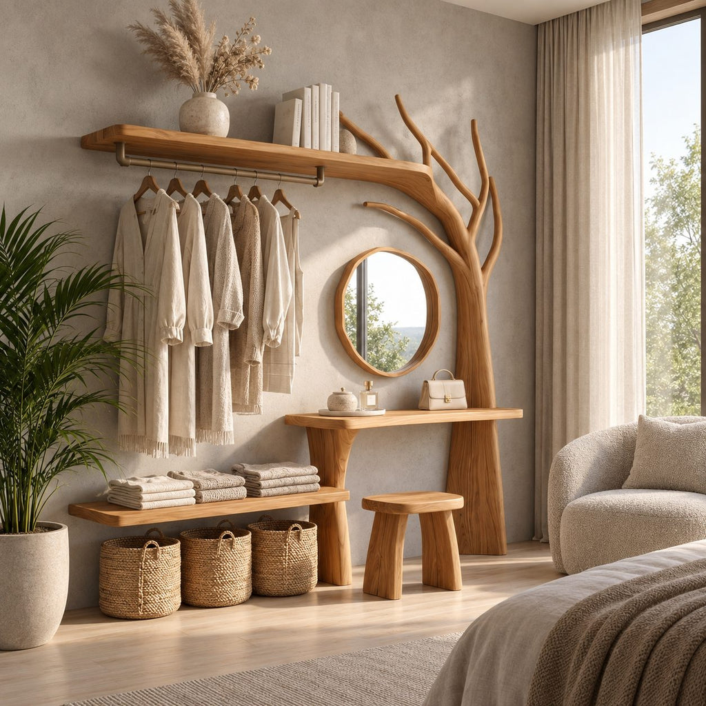 Arched Tree Wardrobe Rack with Dressing Table and Stool, Solid Wood Bedroom Hanging Rail Organizer, 90 Inch