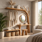 Arched Tree Wardrobe Rack with Dressing Table and Stool, Solid Wood Bedroom Hanging Rail Organizer, 90 Inch