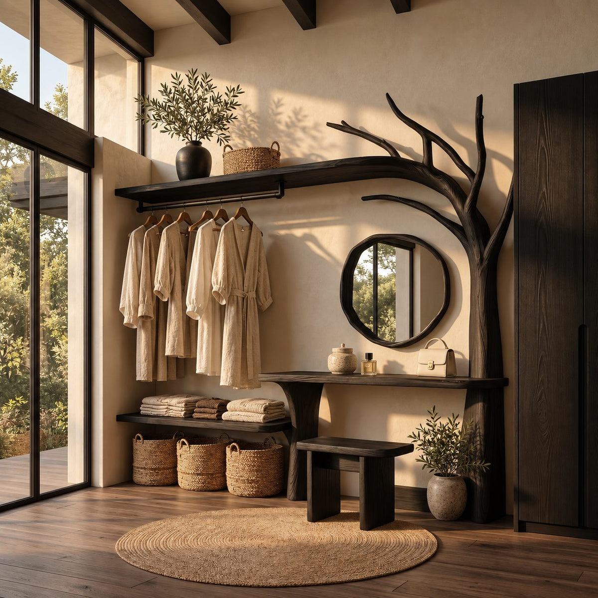 Arched Tree Wardrobe Rack with Dressing Table and Stool, Solid Wood Bedroom Hanging Rail Organizer, 90 Inch