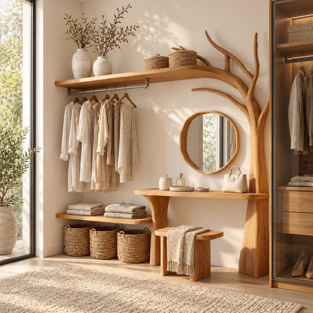 Arched Tree Wardrobe Rack with Dressing Table and Stool, Solid Wood Bedroom Hanging Rail Organizer, 90 Inch
