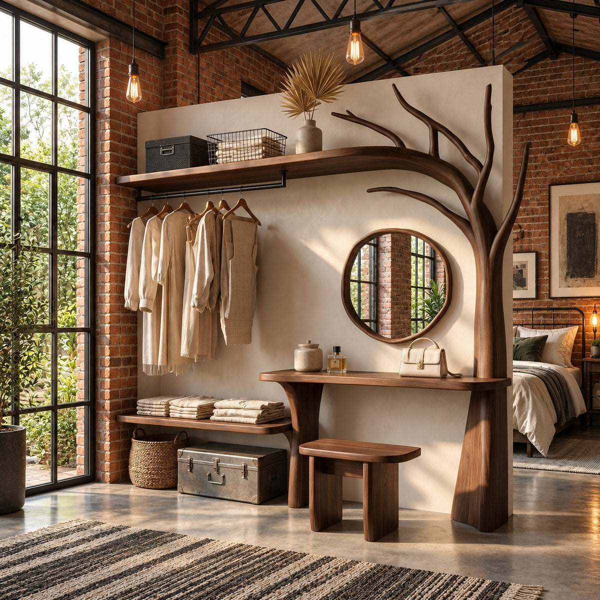 Arched Tree Wardrobe Rack with Dressing Table and Stool, Solid Wood Bedroom Hanging Rail Organizer, 90 Inch
