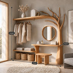Arched Tree Wardrobe Rack with Dressing Table and Stool, Solid Wood Bedroom Hanging Rail Organizer, 90 Inch