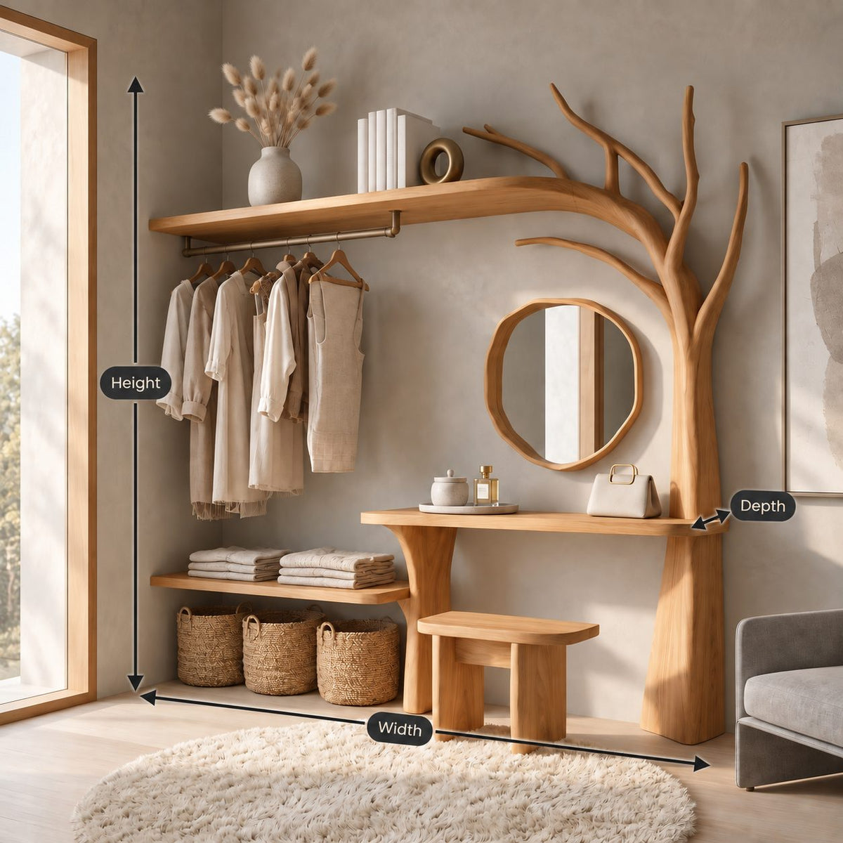 Arched Tree Wardrobe Rack with Dressing Table and Stool, Solid Wood Bedroom Hanging Rail Organizer, 90 Inch
