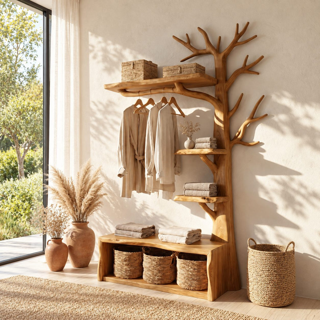 Tall Tree Coat Rack with Storage Bench and Branch Shelves, Solid Wood Hall Tree Clothes Organizer, 97 Inch