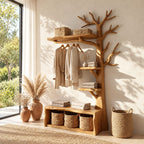 Tall Tree Coat Rack with Storage Bench and Branch Shelves, Solid Wood Hall Tree Clothes Organizer, 97 Inch