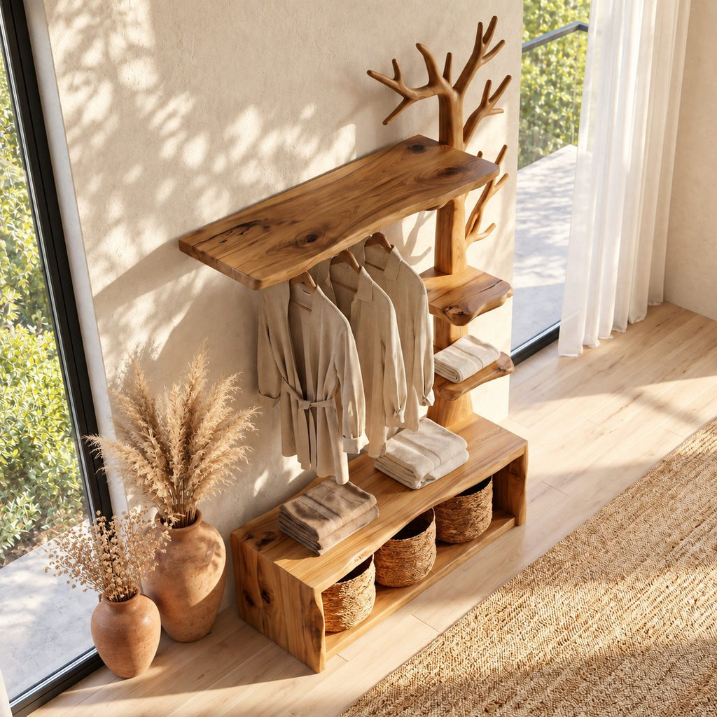 Tall Tree Coat Rack with Storage Bench and Branch Shelves, Solid Wood Hall Tree Clothes Organizer, 97 Inch
