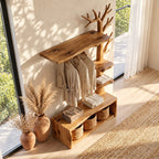 Tall Tree Coat Rack with Storage Bench and Branch Shelves, Solid Wood Hall Tree Clothes Organizer, 97 Inch