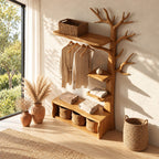 Tall Tree Coat Rack with Storage Bench and Branch Shelves, Solid Wood Hall Tree Clothes Organizer, 97 Inch