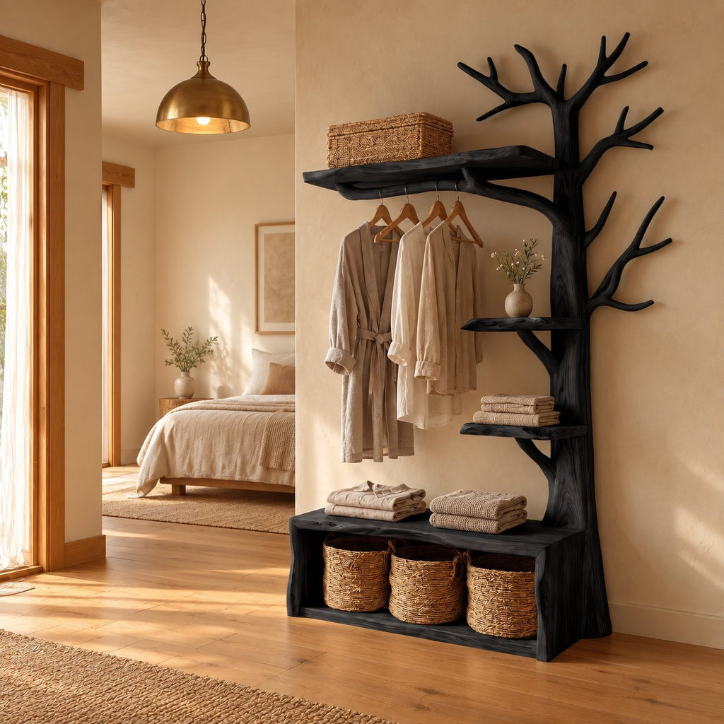 Tall Tree Coat Rack with Storage Bench and Branch Shelves, Solid Wood Hall Tree Clothes Organizer, 97 Inch