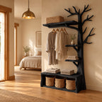 Tall Tree Coat Rack with Storage Bench and Branch Shelves, Solid Wood Hall Tree Clothes Organizer, 97 Inch