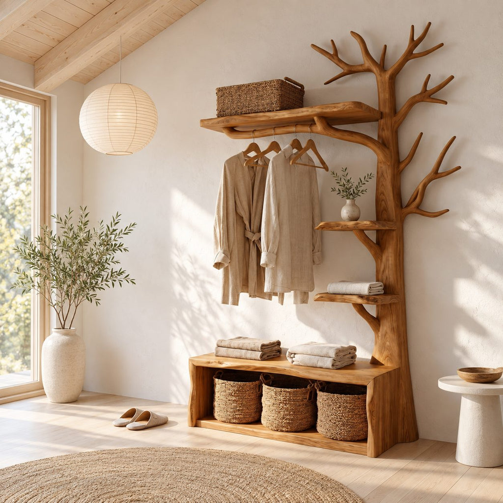 Tall Tree Coat Rack with Storage Bench and Branch Shelves, Solid Wood Hall Tree Clothes Organizer, 97 Inch