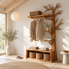 Tall Tree Coat Rack with Storage Bench and Branch Shelves, Solid Wood Hall Tree Clothes Organizer, 97 Inch