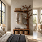 Tall Tree Coat Rack with Storage Bench and Branch Shelves, Solid Wood Hall Tree Clothes Organizer, 97 Inch