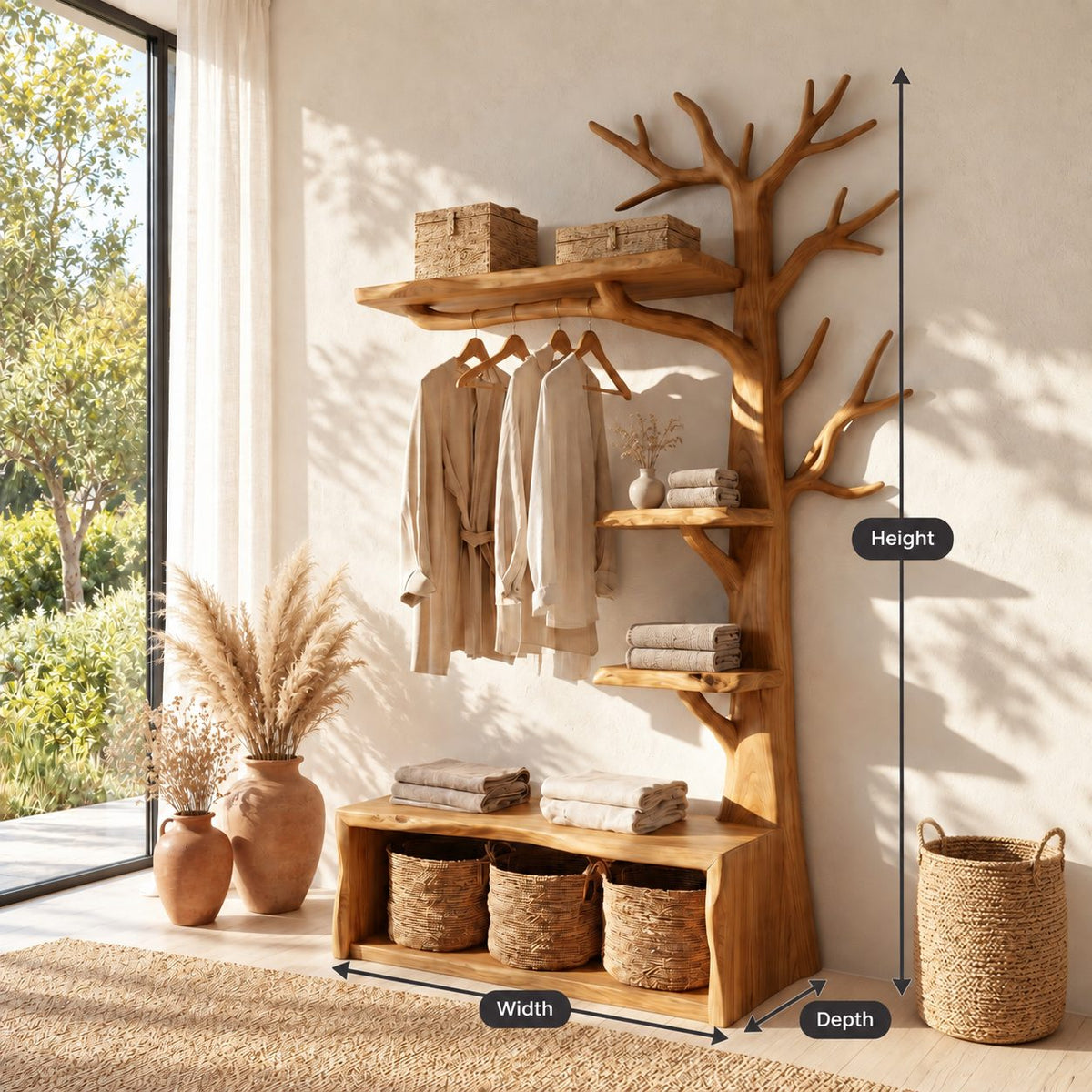 Tall Tree Coat Rack with Storage Bench and Branch Shelves, Solid Wood Hall Tree Clothes Organizer, 97 Inch