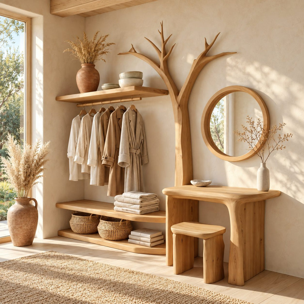 Bare Tree Dressing Table and Clothes Rack Combo, Solid Wood Bedroom Organizer with Stool and Open Shelves