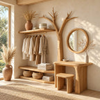 Bare Tree Dressing Table and Clothes Rack Combo, Solid Wood Bedroom Organizer with Stool and Open Shelves