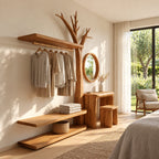 Bare Tree Dressing Table and Clothes Rack Combo, Solid Wood Bedroom Organizer with Stool and Open Shelves